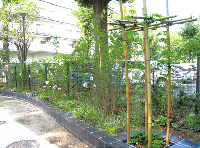 はめ込み式の緑化コンテナや多彩なバラを絡ませた緑化フェンス